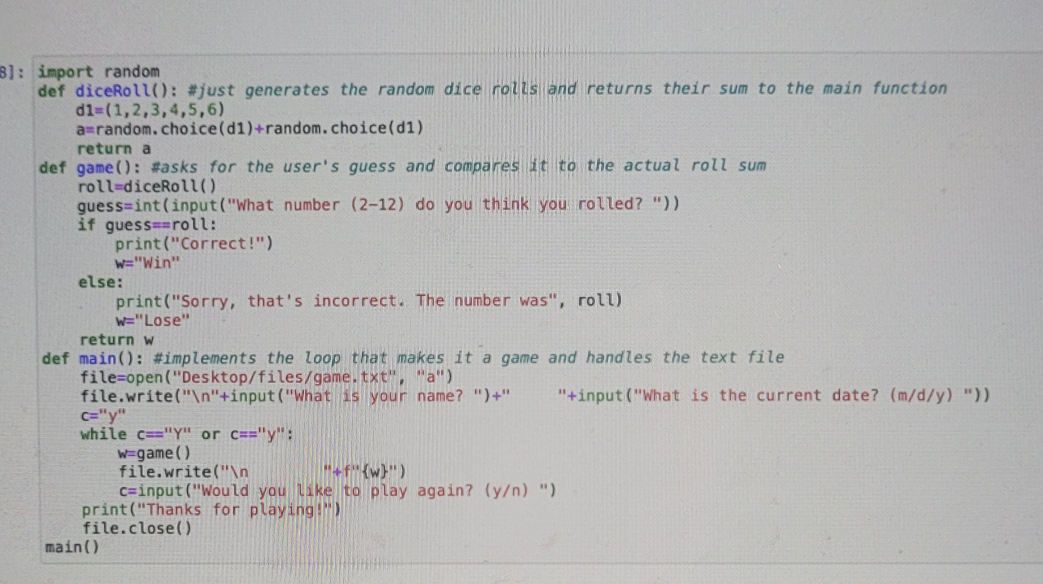 Python code decpicting a random number game, importing a random function to achieve true random selection. If the player guess the number correctly, the screen displays 'Correct' if not, the screen displays 'Sorry, that's incorrect. The number was {number}. These wins or losses, along with the date and players name, are stored in a seperate text file that the code creates and references. After each turn the player is asked if they would like to play again and if yes, the number is rerolled.