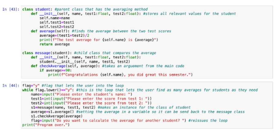 Python code that averages two entered test scores and prints "Congratulations {studentName}, you did great this semester" if test average is above 90%.